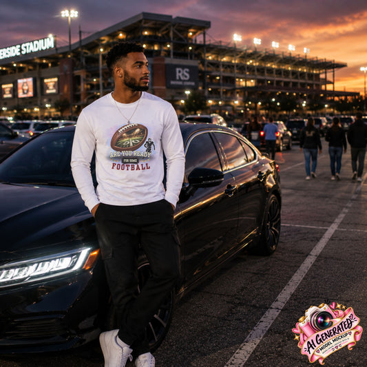 A man wearing a white long-sleeve graphic t-shirt with a 'Crazy Dogs Football' logo, black pants, and white sneakers, leaning against a black car in a parking lot at sunset in front of a stadium.