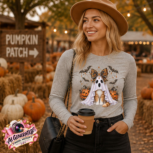 A woman wearing a heather gray long-sleeve graphic t-shirt with a cute ghost dog Halloween design, standing in a pumpkin patch. She is wearing a brown wide-brim hat, a black shoulder bag, and holding a coffee cup.