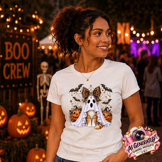 A woman wearing a white graphic t-shirt with a Halloween cat design, standing in a festive outdoor setting with pumpkins, string lights, and a 'BOO CREW' sign in the background.