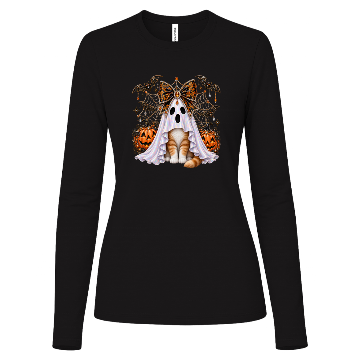 Glam Halloween Black Long Sleeve cat design featuring an orange-and-white cat wearing an iridescent ghost costume with an ornate black-and-orange jeweled bow, surrounded by decorated jack-o'-lanterns, bats, spiderwebs, stars, and gothic Halloween embellishments on a transparent background.