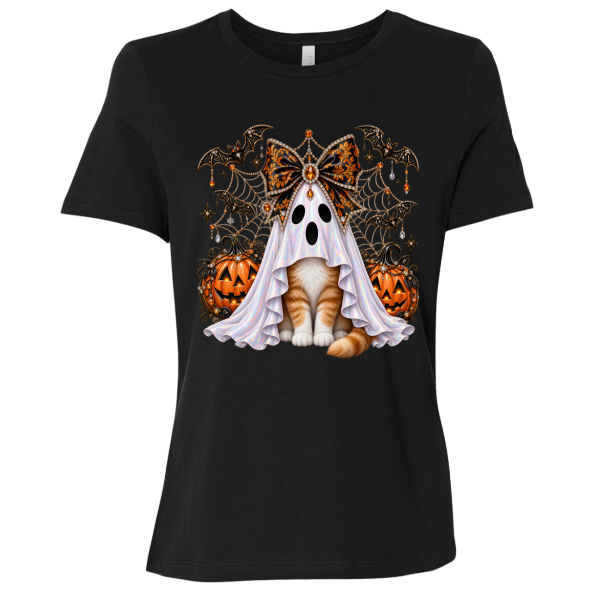 Glam Halloween Black T-Shirt cat design featuring an orange-and-white cat wearing an iridescent ghost costume with an ornate black-and-orange jeweled bow, surrounded by decorated jack-o'-lanterns, bats, spiderwebs, stars, and gothic Halloween embellishments on a transparent background.