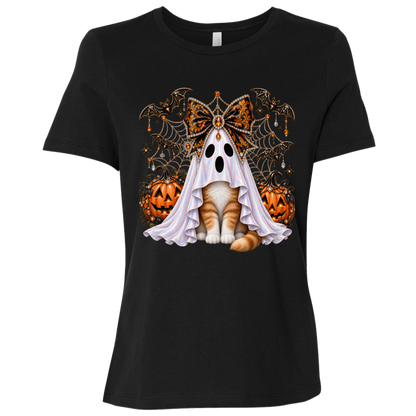 Glam Halloween Black T-Shirt cat design featuring an orange-and-white cat wearing an iridescent ghost costume with an ornate black-and-orange jeweled bow, surrounded by decorated jack-o'-lanterns, bats, spiderwebs, stars, and gothic Halloween embellishments on a transparent background.