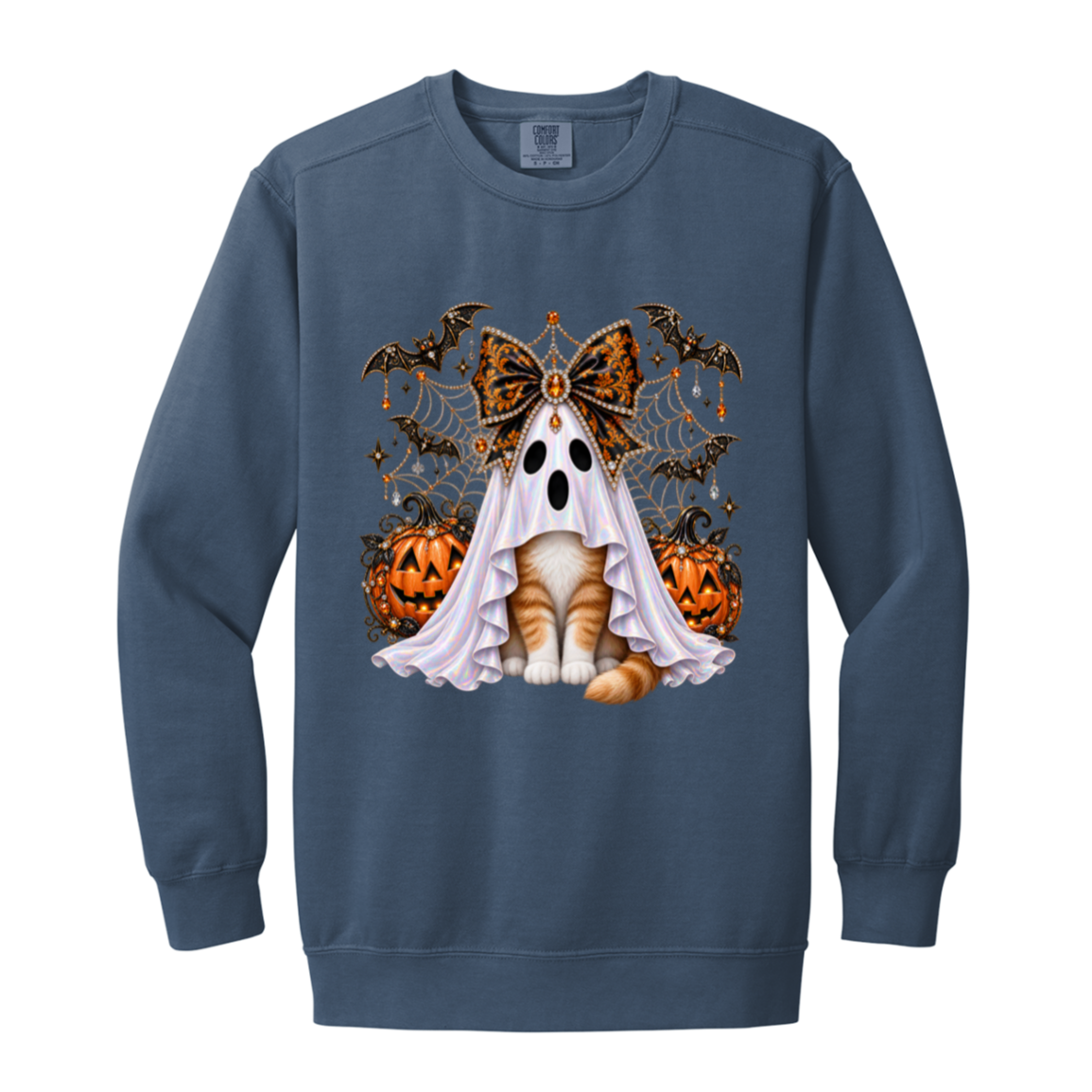 Glam Halloween Blue Jean color sweatshirt cat design featuring an orange-and-white cat wearing an iridescent ghost costume with an ornate black-and-orange jeweled bow, surrounded by decorated jack-o'-lanterns, bats, spiderwebs, stars, and gothic Halloween embellishments on a transparent background.