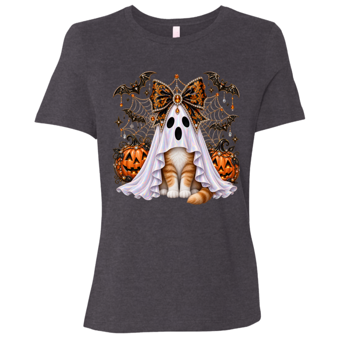 Glam Halloween Dark Heather Grey T-Shirt cat design featuring an orange-and-white cat wearing an iridescent ghost costume with an ornate black-and-orange jeweled bow, surrounded by decorated jack-o'-lanterns, bats, spiderwebs, stars, and gothic Halloween embellishments on a transparent background.