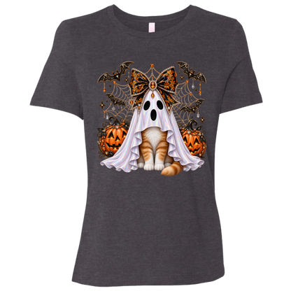 Glam Halloween Dark Heather Grey T-Shirt cat design featuring an orange-and-white cat wearing an iridescent ghost costume with an ornate black-and-orange jeweled bow, surrounded by decorated jack-o'-lanterns, bats, spiderwebs, stars, and gothic Halloween embellishments on a transparent background.
