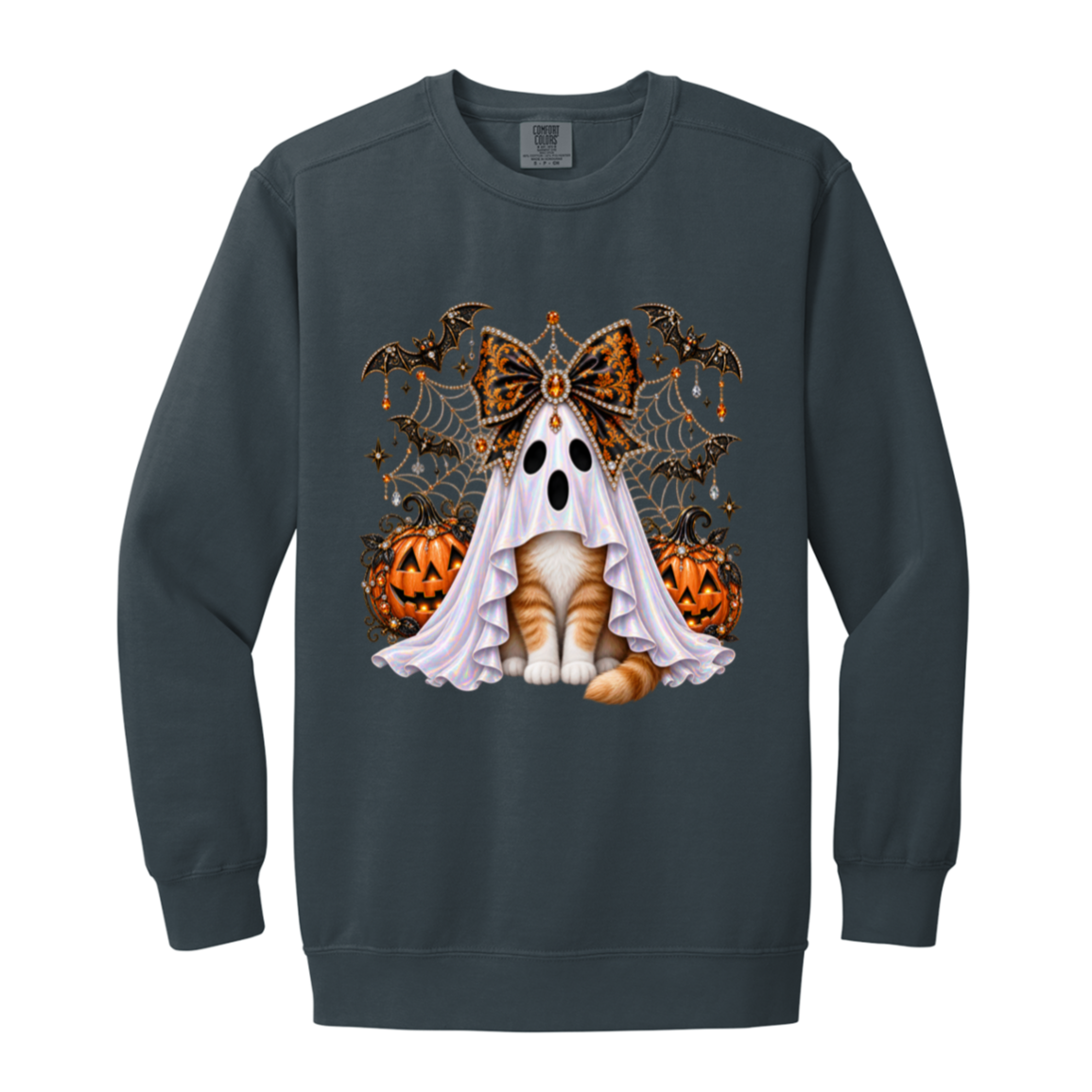 Glam Halloween Denim color sweatshirt cat design featuring an orange-and-white cat wearing an iridescent ghost costume with an ornate black-and-orange jeweled bow, surrounded by decorated jack-o'-lanterns, bats, spiderwebs, stars, and gothic Halloween embellishments on a transparent background.