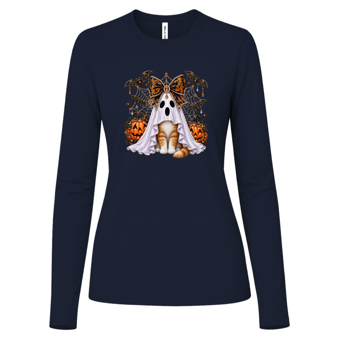 Glam Halloween Navy Long Sleeve cat design featuring an orange-and-white cat wearing an iridescent ghost costume with an ornate black-and-orange jeweled bow, surrounded by decorated jack-o'-lanterns, bats, spiderwebs, stars, and gothic Halloween embellishments on a transparent background.