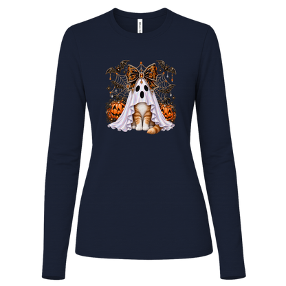 Glam Halloween Navy Long Sleeve cat design featuring an orange-and-white cat wearing an iridescent ghost costume with an ornate black-and-orange jeweled bow, surrounded by decorated jack-o'-lanterns, bats, spiderwebs, stars, and gothic Halloween embellishments on a transparent background.
