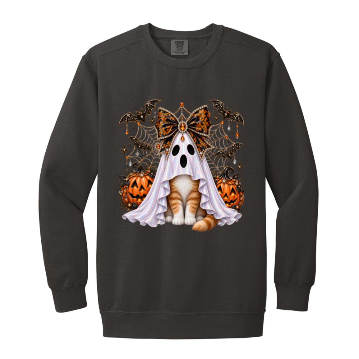 Glam Halloween Pepper color sweatshirt cat design featuring an orange-and-white cat wearing an iridescent ghost costume with an ornate black-and-orange jeweled bow, surrounded by decorated jack-o'-lanterns, bats, spiderwebs, stars, and gothic Halloween embellishments on a transparent background.