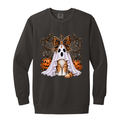 Glam Halloween Pepper color sweatshirt cat design featuring an orange-and-white cat wearing an iridescent ghost costume with an ornate black-and-orange jeweled bow, surrounded by decorated jack-o'-lanterns, bats, spiderwebs, stars, and gothic Halloween embellishments on a transparent background.