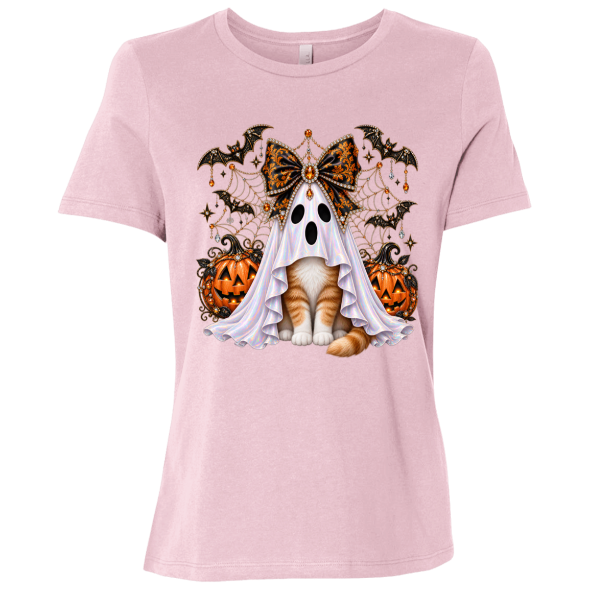 Glam Halloween Pink T-Shirt cat design featuring an orange-and-white cat wearing an iridescent ghost costume with an ornate black-and-orange jeweled bow, surrounded by decorated jack-o'-lanterns, bats, spiderwebs, stars, and gothic Halloween embellishments on a transparent background.