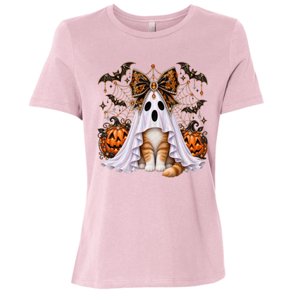Glam Halloween Pink T-Shirt cat design featuring an orange-and-white cat wearing an iridescent ghost costume with an ornate black-and-orange jeweled bow, surrounded by decorated jack-o'-lanterns, bats, spiderwebs, stars, and gothic Halloween embellishments on a transparent background.