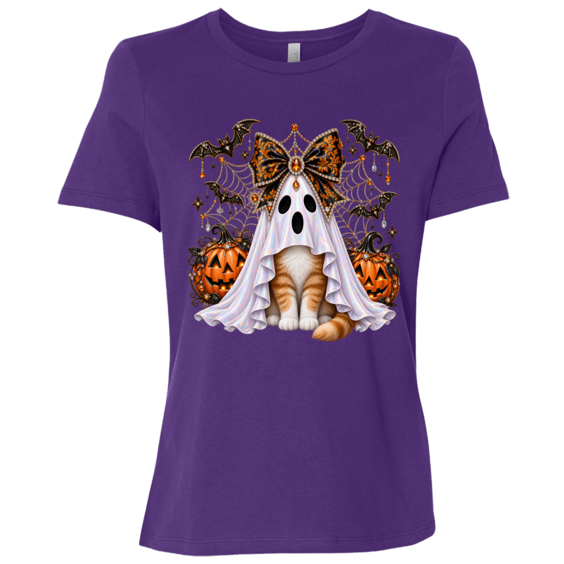 Glam Halloween Purple T-Shirt cat design featuring an orange-and-white cat wearing an iridescent ghost costume with an ornate black-and-orange jeweled bow, surrounded by decorated jack-o'-lanterns, bats, spiderwebs, stars, and gothic Halloween embellishments on a transparent background.