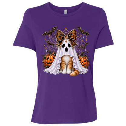 Glam Halloween Purple T-Shirt cat design featuring an orange-and-white cat wearing an iridescent ghost costume with an ornate black-and-orange jeweled bow, surrounded by decorated jack-o'-lanterns, bats, spiderwebs, stars, and gothic Halloween embellishments on a transparent background.