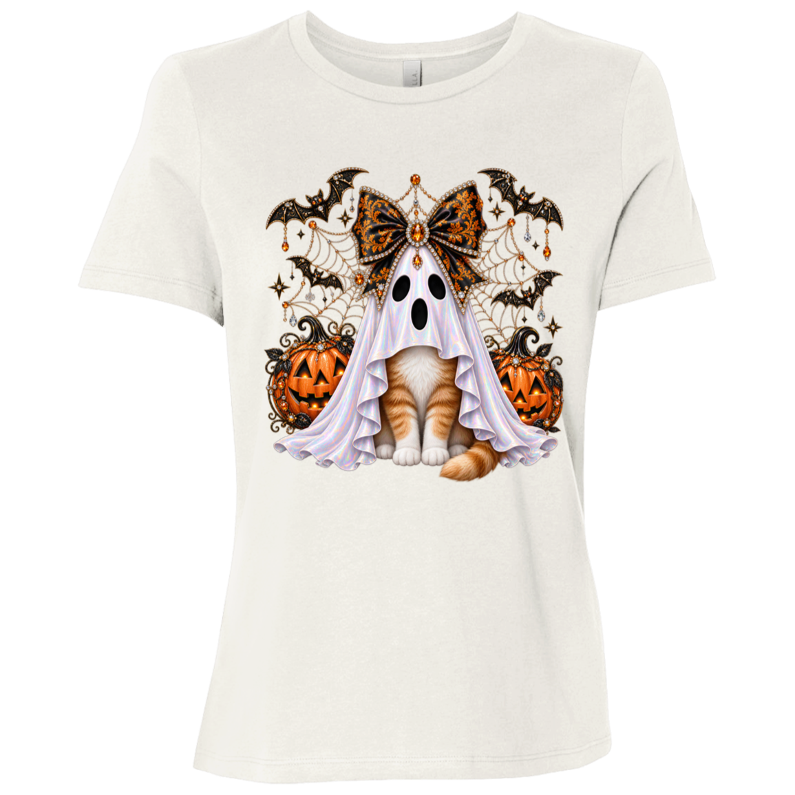Glam Halloween Vintage White T-Shirt cat design featuring an orange-and-white cat wearing an iridescent ghost costume with an ornate black-and-orange jeweled bow, surrounded by decorated jack-o'-lanterns, bats, spiderwebs, stars, and gothic Halloween embellishments on a transparent background.