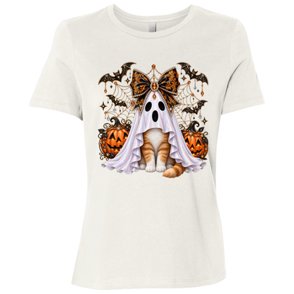 Glam Halloween Vintage White T-Shirt cat design featuring an orange-and-white cat wearing an iridescent ghost costume with an ornate black-and-orange jeweled bow, surrounded by decorated jack-o'-lanterns, bats, spiderwebs, stars, and gothic Halloween embellishments on a transparent background.