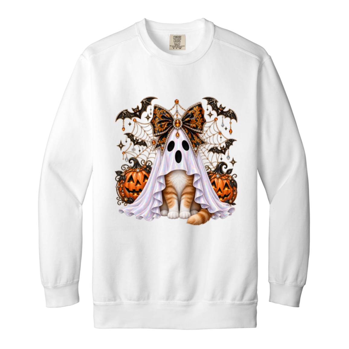 Glam Halloween White sweatshirt cat design featuring an orange-and-white cat wearing an iridescent ghost costume with an ornate black-and-orange jeweled bow, surrounded by decorated jack-o'-lanterns, bats, spiderwebs, stars, and gothic Halloween embellishments on a transparent background.