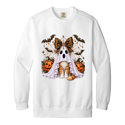 Glam Halloween White sweatshirt cat design featuring an orange-and-white cat wearing an iridescent ghost costume with an ornate black-and-orange jeweled bow, surrounded by decorated jack-o'-lanterns, bats, spiderwebs, stars, and gothic Halloween embellishments on a transparent background.