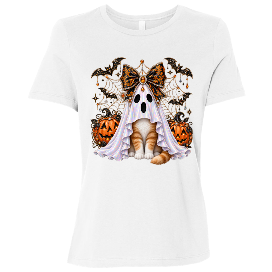 Glam Halloween White T-Shirt cat design featuring an orange-and-white cat wearing an iridescent ghost costume with an ornate black-and-orange jeweled bow, surrounded by decorated jack-o'-lanterns, bats, spiderwebs, stars, and gothic Halloween embellishments on a transparent background.