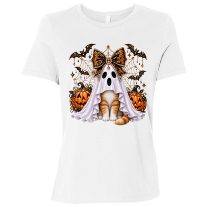 Glam Halloween White T-Shirt cat design featuring an orange-and-white cat wearing an iridescent ghost costume with an ornate black-and-orange jeweled bow, surrounded by decorated jack-o'-lanterns, bats, spiderwebs, stars, and gothic Halloween embellishments on a transparent background.