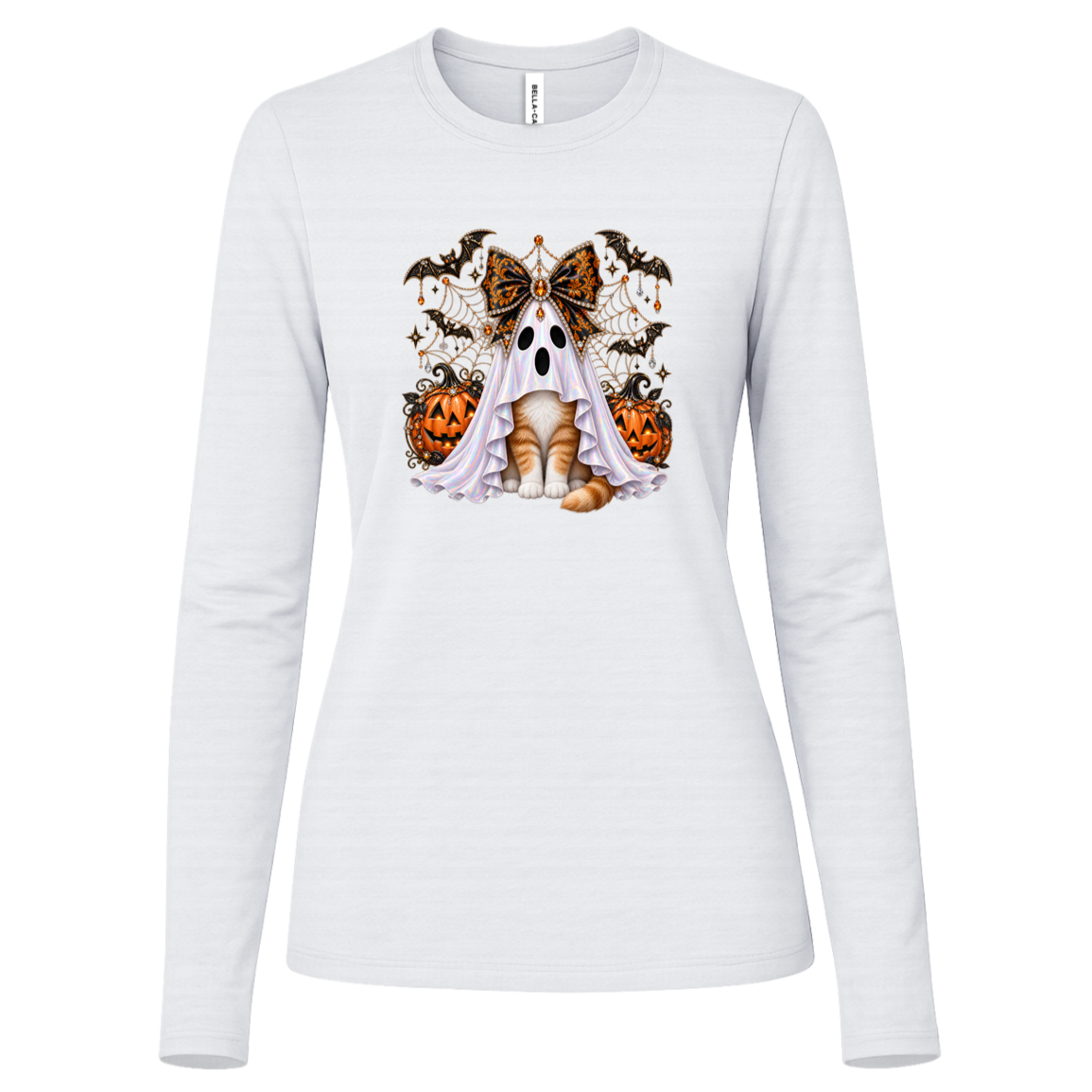 Glam Halloween White Long Sleeve cat design featuring an orange-and-white cat wearing an iridescent ghost costume with an ornate black-and-orange jeweled bow, surrounded by decorated jack-o'-lanterns, bats, spiderwebs, stars, and gothic Halloween embellishments on a transparent background.