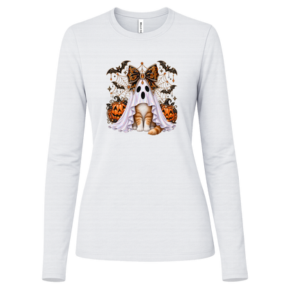 Glam Halloween White Long Sleeve cat design featuring an orange-and-white cat wearing an iridescent ghost costume with an ornate black-and-orange jeweled bow, surrounded by decorated jack-o'-lanterns, bats, spiderwebs, stars, and gothic Halloween embellishments on a transparent background.