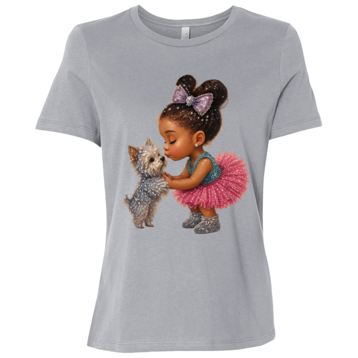 Athletic Grey t-shirt with a graphic design featuring a precious little girl sharing a gentle kiss with her beloved puppy companion filled with sparkle, sweetness, and unconditional love on a transparent background