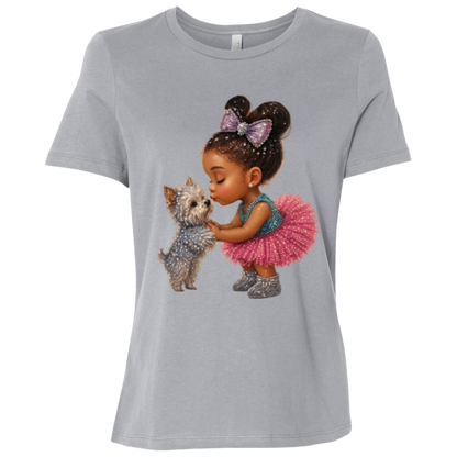 Athletic Grey t-shirt with a graphic design featuring a precious little girl sharing a gentle kiss with her beloved puppy companion filled with sparkle, sweetness, and unconditional love on a transparent background