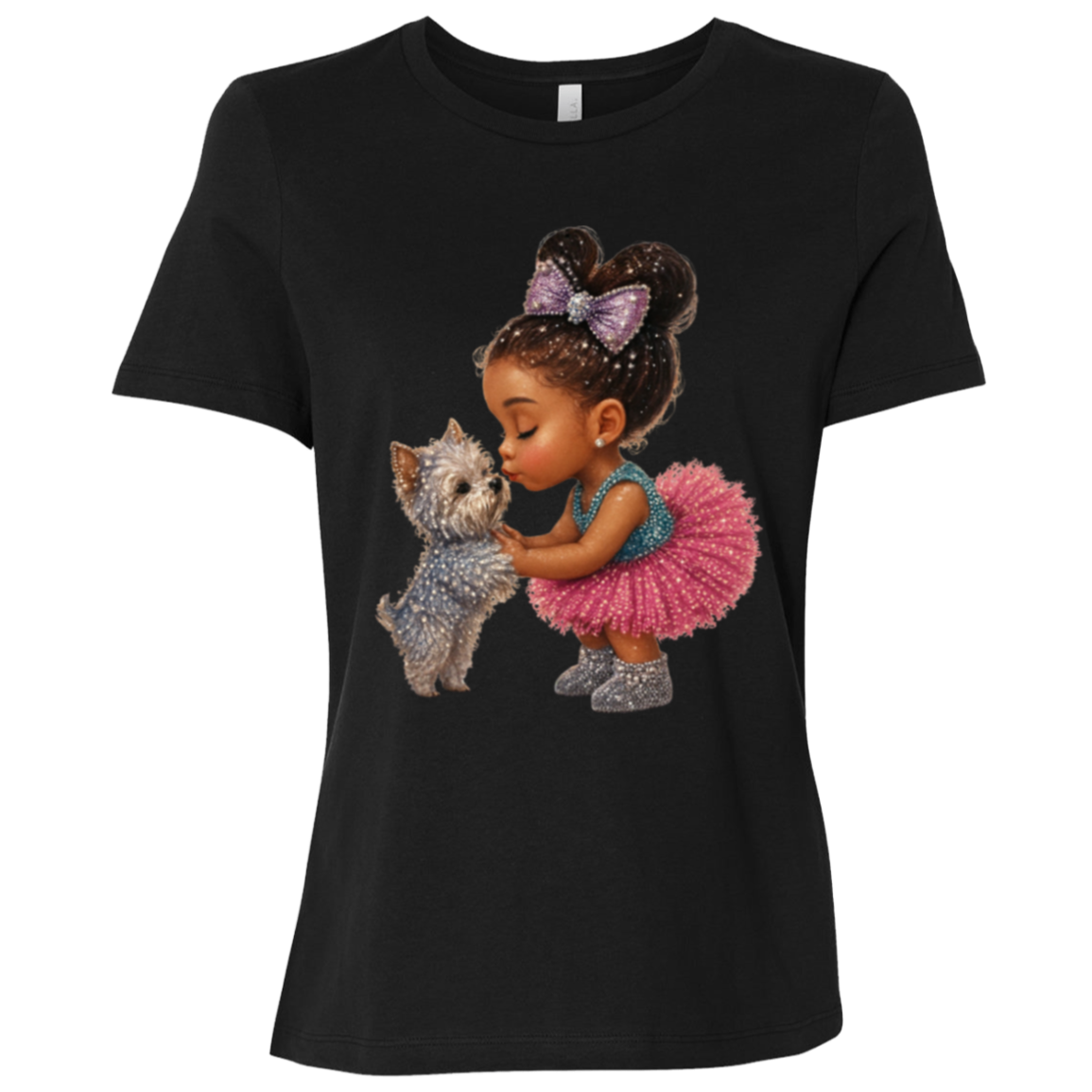 Black t-shirt with a graphic design featuring a precious little girl sharing a gentle kiss with her beloved puppy companion filled with sparkle, sweetness, and unconditional love on a transparent background