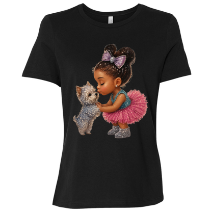 Black t-shirt with a graphic design featuring a precious little girl sharing a gentle kiss with her beloved puppy companion filled with sparkle, sweetness, and unconditional love on a transparent background