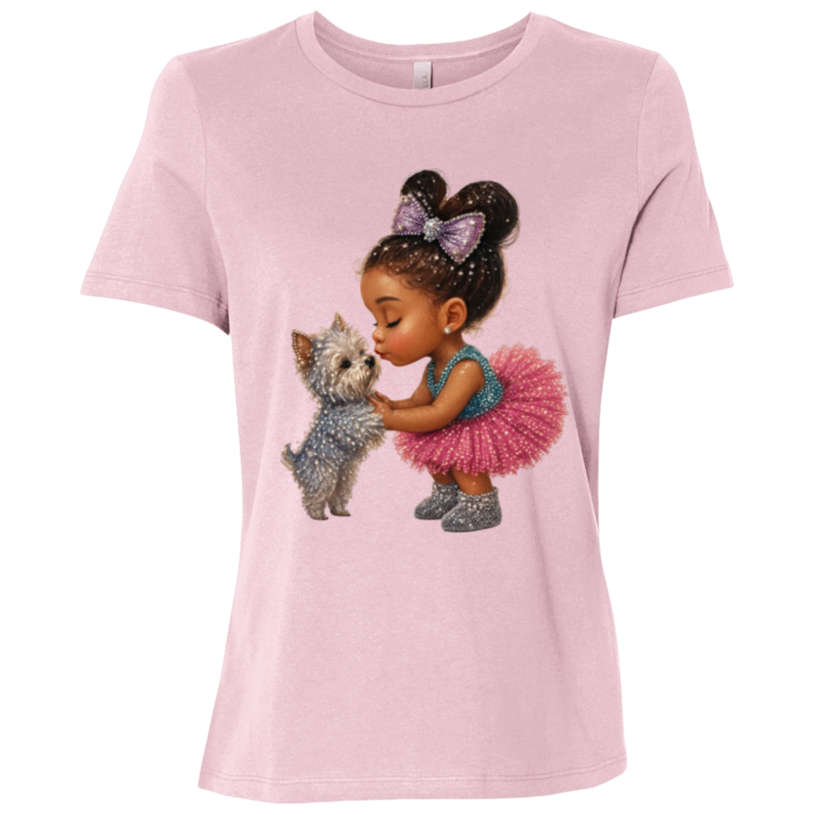 Pink t-shirt with a graphic design featuring a precious little girl sharing a gentle kiss with her beloved puppy companion filled with sparkle, sweetness, and unconditional love on a transparent background