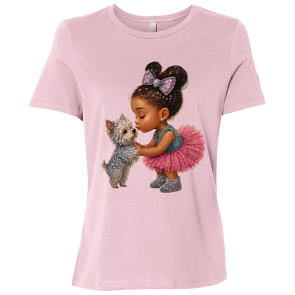 Pink t-shirt with a graphic design featuring a precious little girl sharing a gentle kiss with her beloved puppy companion filled with sparkle, sweetness, and unconditional love on a transparent background