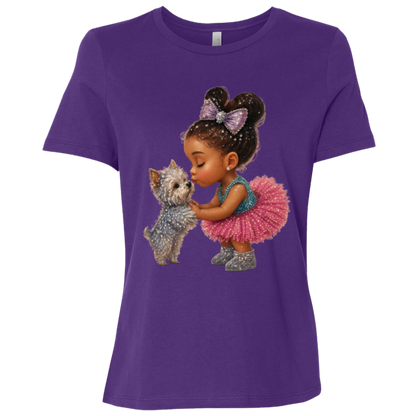Team Purple t-shirt with a graphic design featuring a precious little girl sharing a gentle kiss with her beloved puppy companion filled with sparkle, sweetness, and unconditional love on a transparent background