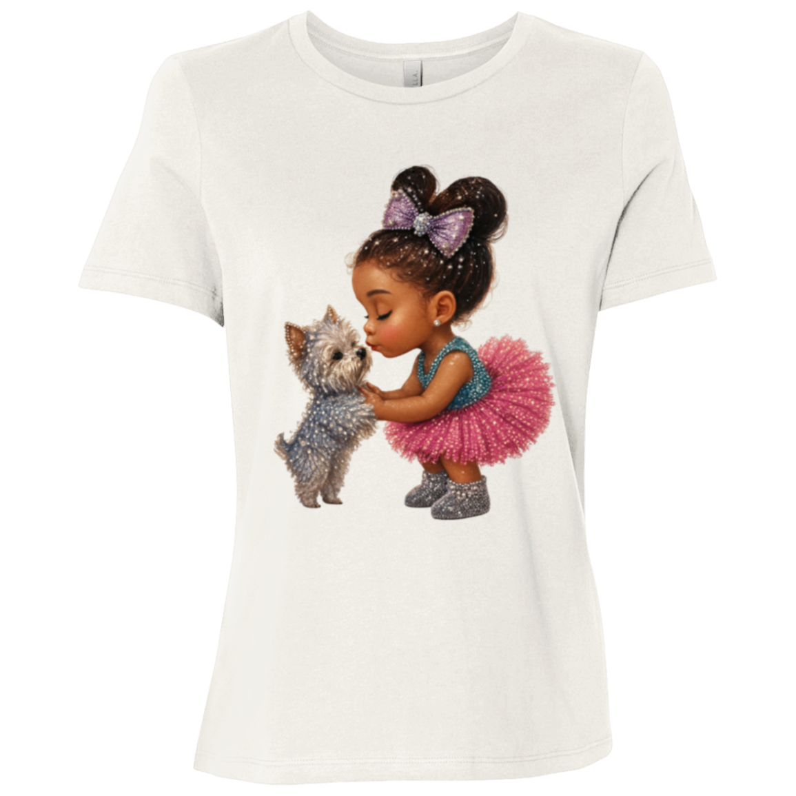 Vintage White t-shirt with a graphic design featuring a precious little girl sharing a gentle kiss with her beloved puppy companion filled with sparkle, sweetness, and unconditional love on a transparent background