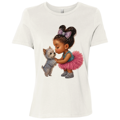 Vintage White t-shirt with a graphic design featuring a precious little girl sharing a gentle kiss with her beloved puppy companion filled with sparkle, sweetness, and unconditional love on a transparent background