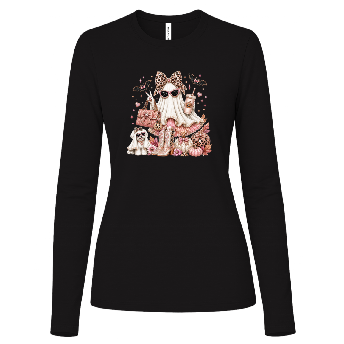 Black long sleeve shirt with a ghost fashionista design wearing sparkling sunglasses and a leopard-print bow with a dusty-rose handbag, embellished boots, rose-gold pumpkins, black bats, autumn leaves, and a small ghost dog companion.