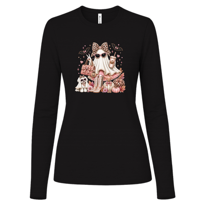 Black long sleeve shirt with a ghost fashionista design wearing sparkling sunglasses and a leopard-print bow with a dusty-rose handbag, embellished boots, rose-gold pumpkins, black bats, autumn leaves, and a small ghost dog companion.