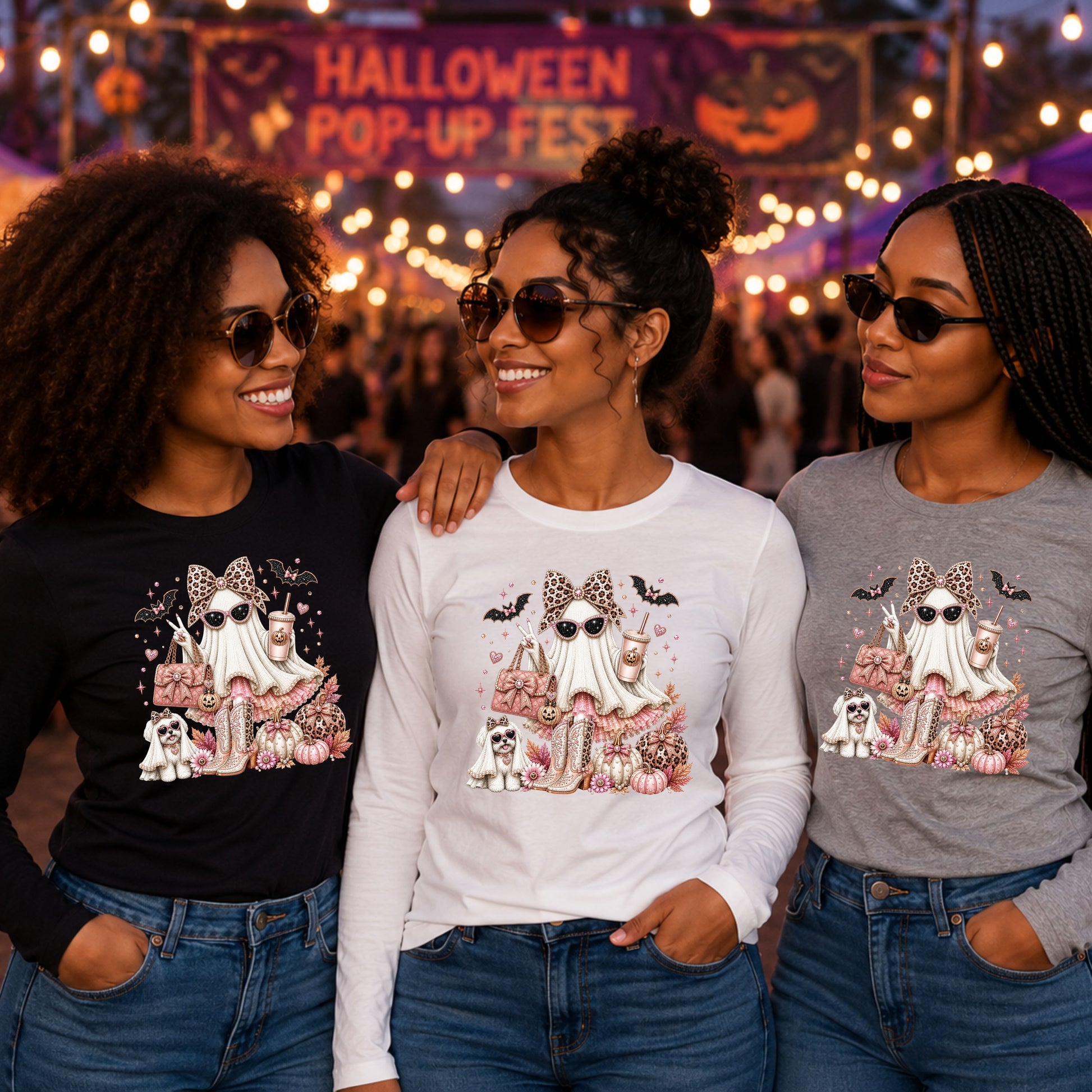 Three women wearing graphic t-shirts in black, white, and gray, featuring a Halloween-themed Glamorous pearl-white ghost fashionista wearing sparkling sunglasses and a leopard-print bow with a dusty-rose handbag, embellished boots, rose-gold pumpkins, black bats, autumn leaves, and a small ghost dog companion.