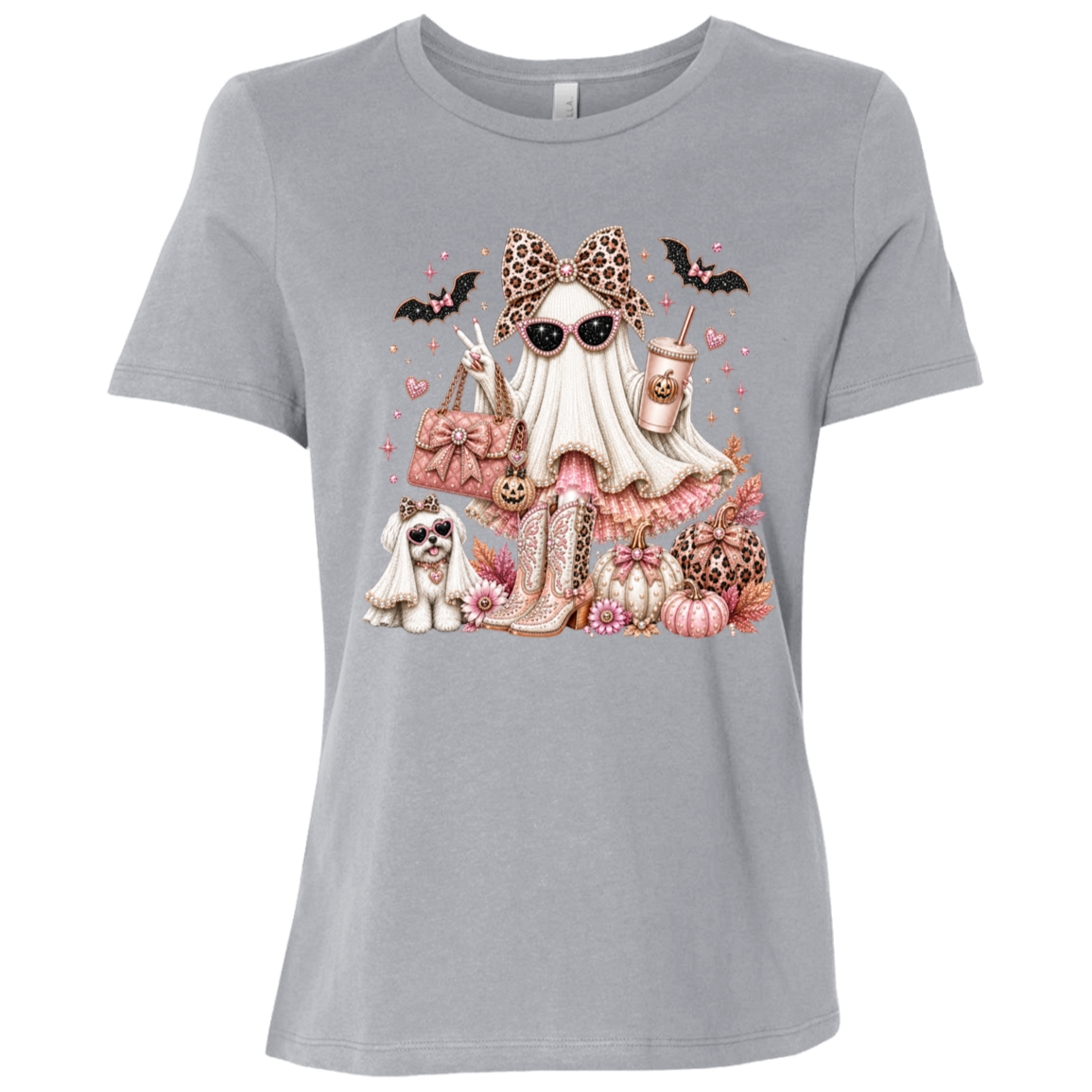 Athletic Grey graphic T-shirt with a Halloween illustration of a Glamorous pearl-white ghost fashionista wearing sparkling sunglasses and a leopard-print bow with a dusty-rose handbag, embellished boots, rose-gold pumpkins, black bats, autumn leaves, and a small ghost dog companion on a transparent background