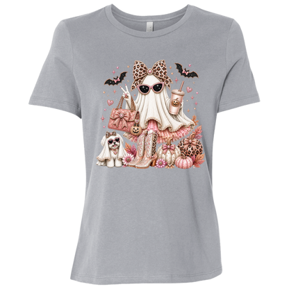 Athletic Grey graphic T-shirt with a Halloween illustration of a Glamorous pearl-white ghost fashionista wearing sparkling sunglasses and a leopard-print bow with a dusty-rose handbag, embellished boots, rose-gold pumpkins, black bats, autumn leaves, and a small ghost dog companion on a transparent background