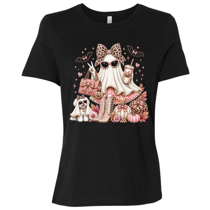 Black graphic T-shirt with a Halloween illustration of a Glamorous pearl-white ghost fashionista wearing sparkling sunglasses and a leopard-print bow with a dusty-rose handbag, embellished boots, rose-gold pumpkins, black bats, autumn leaves, and a small ghost dog companion on a transparent background