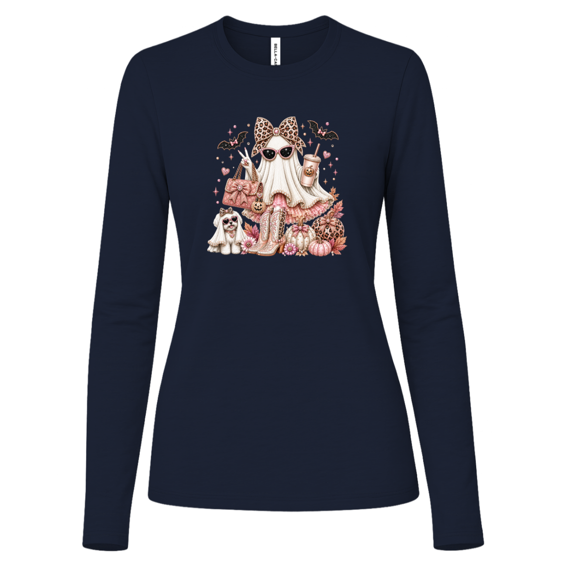 Navy long sleeve shirt with a ghost fashionista design wearing sparkling sunglasses and a leopard-print bow with a dusty-rose handbag, embellished boots, rose-gold pumpkins, black bats, autumn leaves, and a small ghost dog companion.