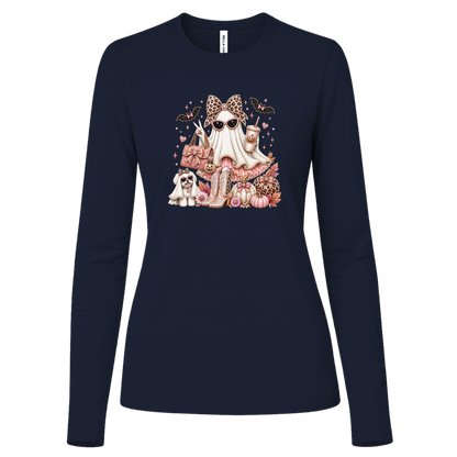 Navy long sleeve shirt with a ghost fashionista design wearing sparkling sunglasses and a leopard-print bow with a dusty-rose handbag, embellished boots, rose-gold pumpkins, black bats, autumn leaves, and a small ghost dog companion.