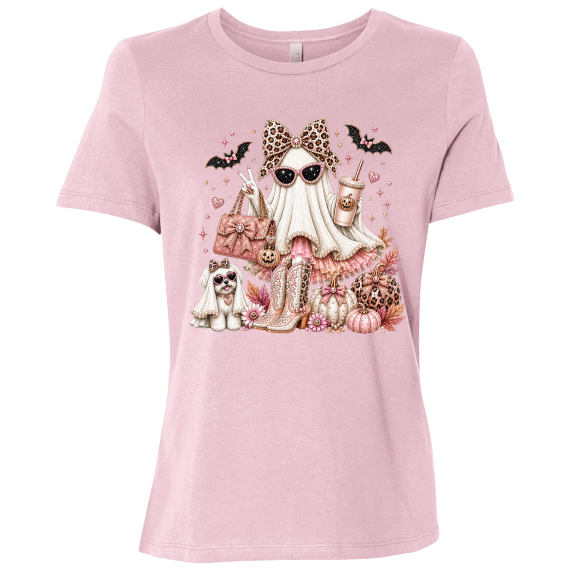 Pink graphic T-shirt with a Halloween illustration of a Glamorous pearl-white ghost fashionista wearing sparkling sunglasses and a leopard-print bow with a dusty-rose handbag, embellished boots, rose-gold pumpkins, black bats, autumn leaves, and a small ghost dog companion on a transparent background