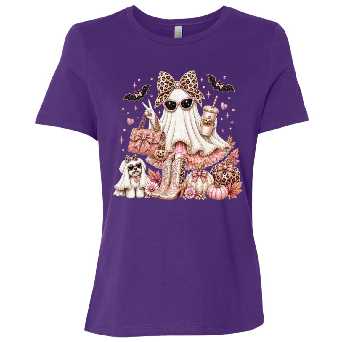 Purple graphic T-shirt with a Halloween illustration of a Glamorous pearl-white ghost fashionista wearing sparkling sunglasses and a leopard-print bow with a dusty-rose handbag, embellished boots, rose-gold pumpkins, black bats, autumn leaves, and a small ghost dog companion on a transparent background