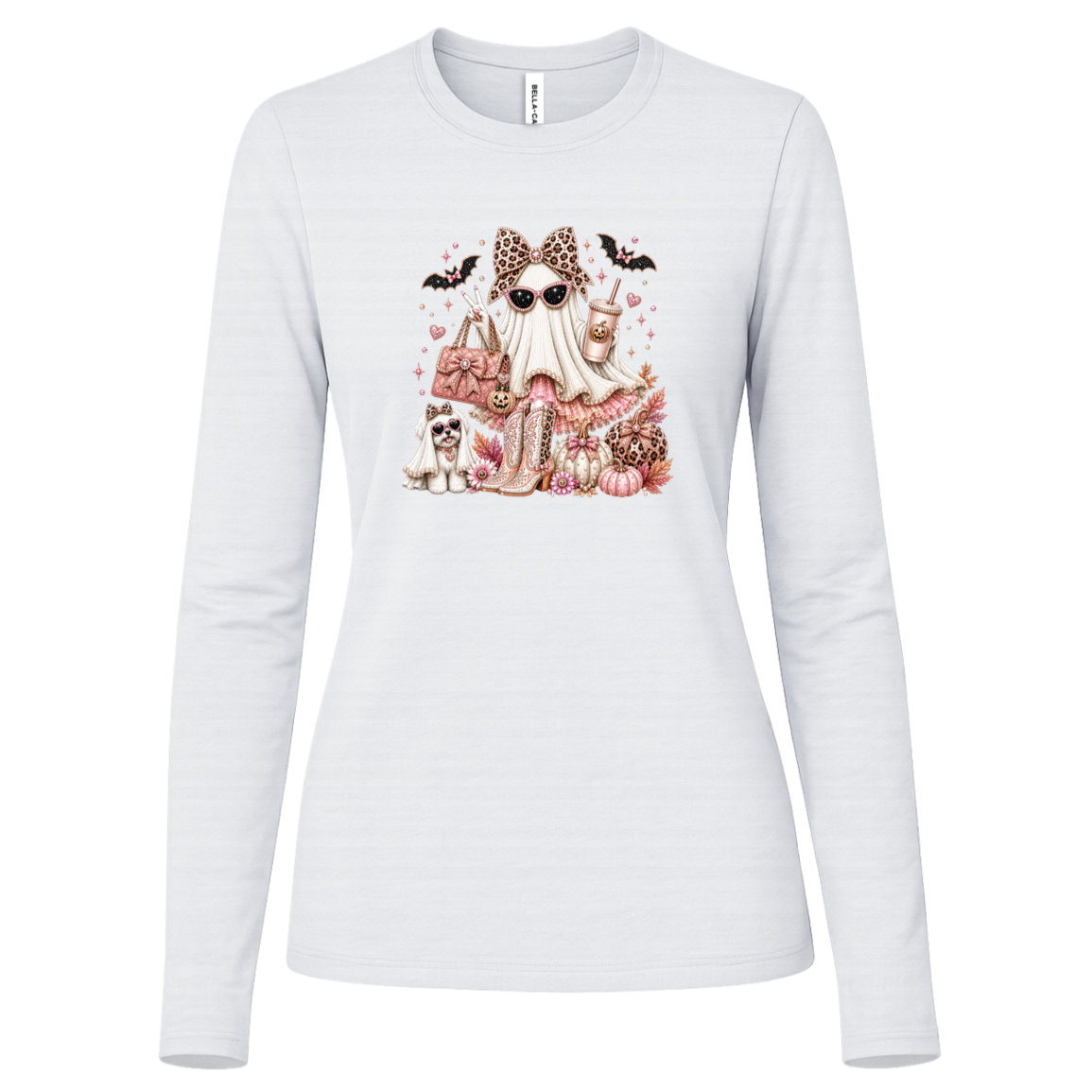 White long sleeve shirt with a ghost fashionista design wearing sparkling sunglasses and a leopard-print bow with a dusty-rose handbag, embellished boots, rose-gold pumpkins, black bats, autumn leaves, and a small ghost dog companion.