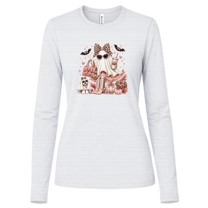 White long sleeve shirt with a ghost fashionista design wearing sparkling sunglasses and a leopard-print bow with a dusty-rose handbag, embellished boots, rose-gold pumpkins, black bats, autumn leaves, and a small ghost dog companion.