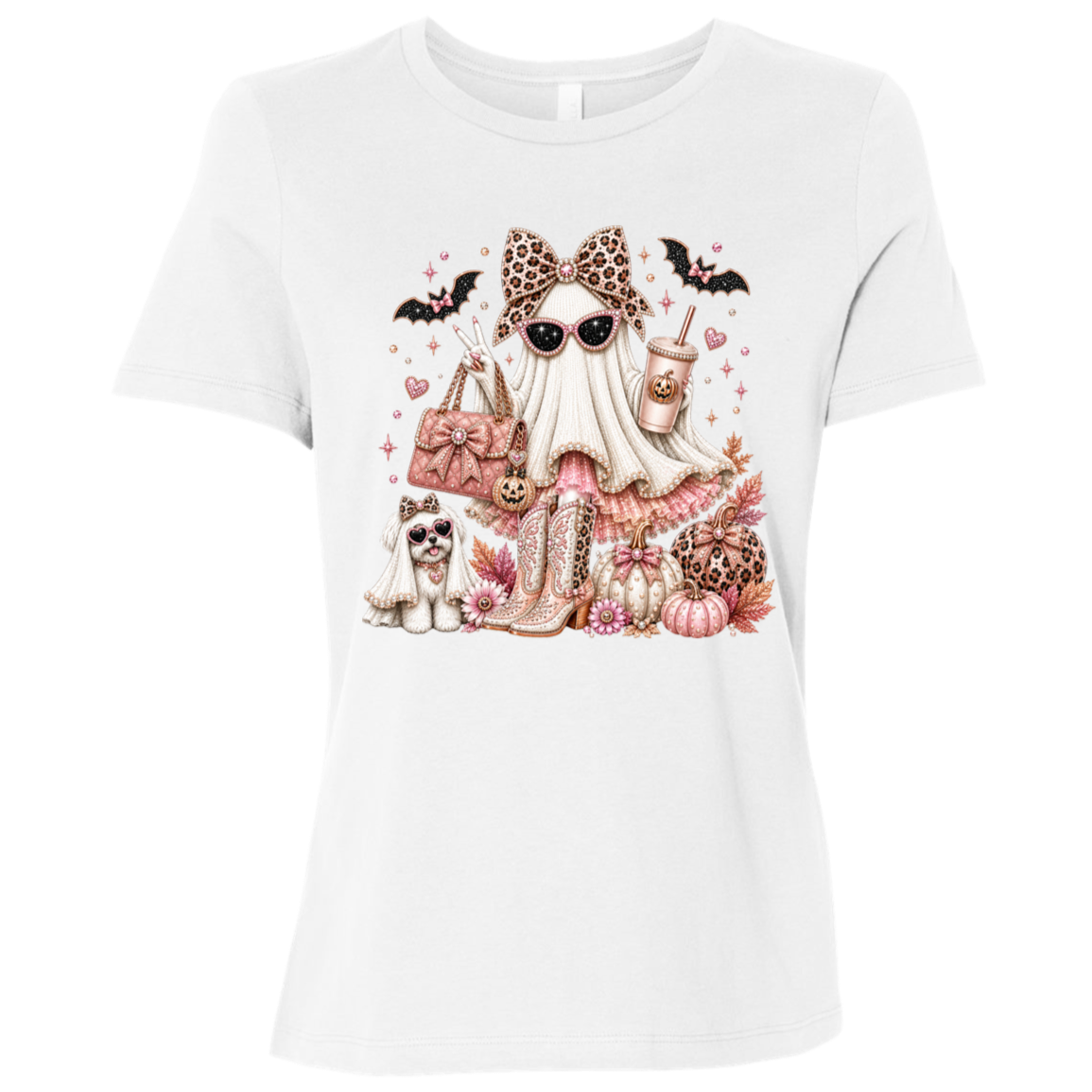 White graphic T-shirt with a Halloween illustration of a Glamorous pearl-white ghost fashionista wearing sparkling sunglasses and a leopard-print bow with a dusty-rose handbag, embellished boots, rose-gold pumpkins, black bats, autumn leaves, and a small ghost dog companion on a transparent background