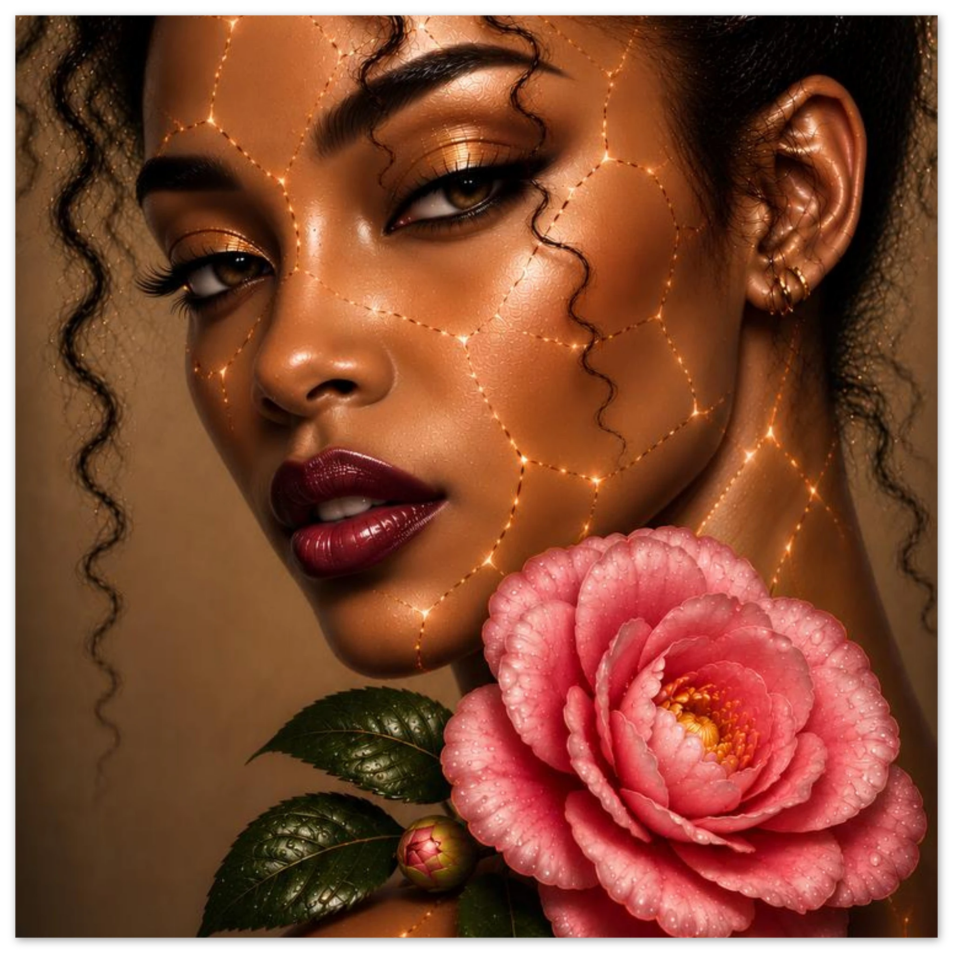 A close-up portrait of a woman with dramatic makeup and glowing gold line details on her face, holding a large pink flower with green leaves against a warm brown background.