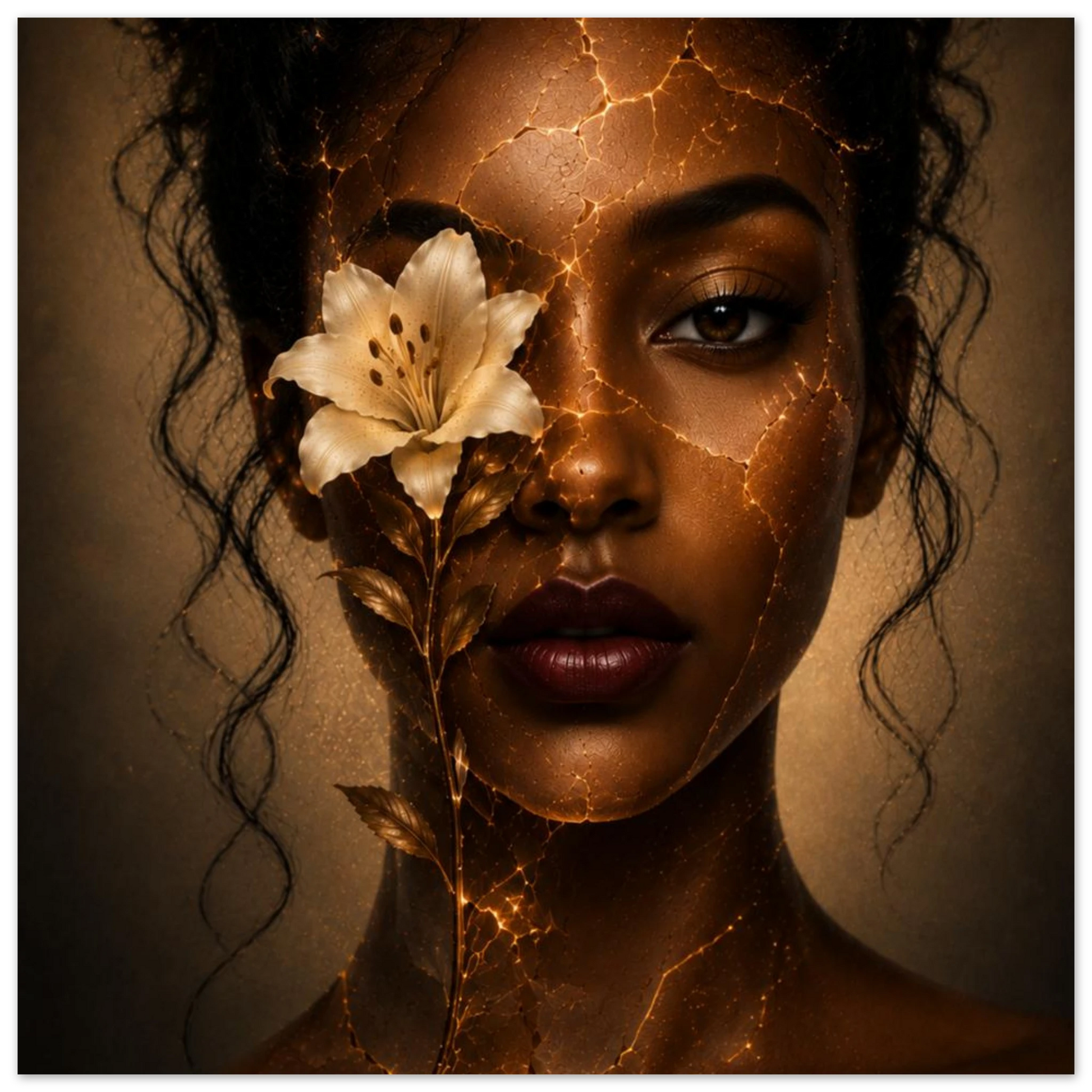 A close-up portrait of a woman's face with dark curly hair, a white lily flower over one eye, and glowing gold crack-like lines across her skin against a warm brown background.